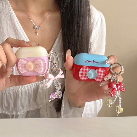 リボンデコ AirpodsPro3ケース  光沢感 Airpods4/3カバー pro2/Pro1ケース 可愛いキーホルダー付き [M6461]