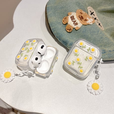 草花 Airpods 4ケース ラメ入り 透明 Airpods3/2カバー Airpodspro2/pro  花キーホルダー付き 女子力高い[M5038]