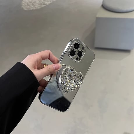 ハートダイヤグリップ iPhone15/15proケース  ミラー iPhone14/13pro/12ケース 女子力アップ オシャレ 便利[M3906]