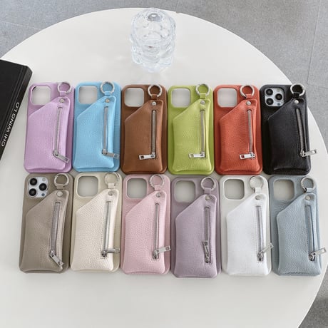 小銭入れ付 iPhone14/15proケース 革 ストラップ付 iPhone13mini/12/11カバー 高品質 12色 小銭/カード/口紅/お札など収納可[M3199]