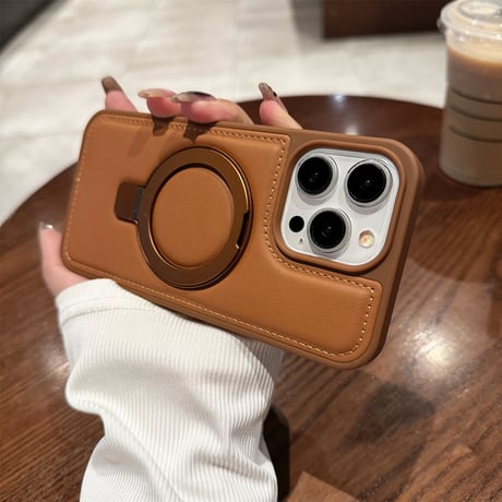 レザー MsgSafeリング iPhone15Pro/15ProMaxケース スタンド 耐衝撃 iPhone14Pro/13/12カバー 多機能便利[M3868]
