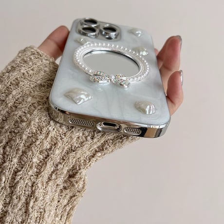 鏡 iPhone15/15proケース パール/宝石 アイフォン14/13pro/12ケース かわいい 女子力高い[M4486]