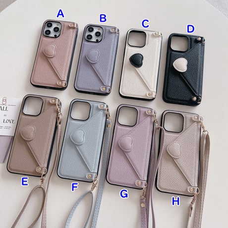 交通カード入れ iPhone15/14ケース ハート型留め レザー製 iPhone13pro/12/11proケース 肩掛けストラップ付 シック エレガント[M3346]