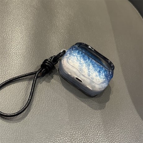 海の波 Airpods Pro3 ケース グラデーションブルーカラー Airpods４カバー  エアポッズプロ2  ストラップ付 シック おしゃれ 耐衝撃[M6042]