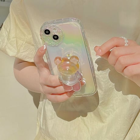 キラキラクマさんグリップ付 iphone14/13proケース  レインボーカラー iphone12/11カバー  可愛い  お洒落 多機能 綺麗透明感[M2181]