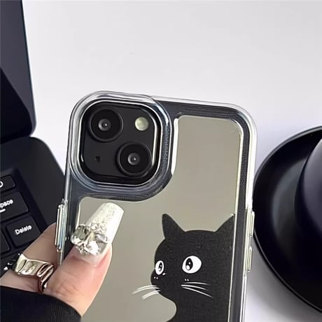 鏡付 ねこちゃん iPhone15/15proケース 可愛い iPhone14/13pro/12ケース 便利 丈夫 ギフトにおすすめ[M3998]