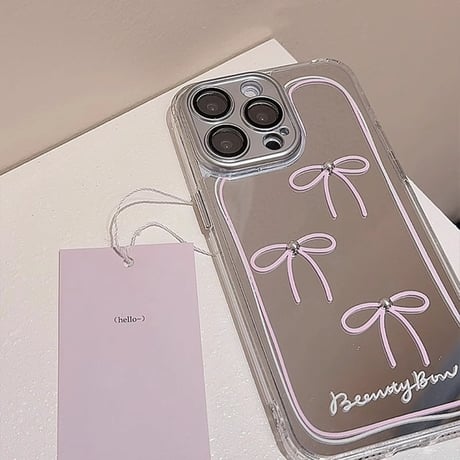鏡付 リボン iPhone15/15proケース 女子力アップ iPhone14promax/13pro/12ケース パープルカラー 可愛い[M4287]
