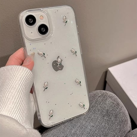 立体花 アイフォン15/15proケース 韓国風  バレエシューズストラップ付iphone14pro/13/12カバー キラキララメ 黄ばまない[M4109]