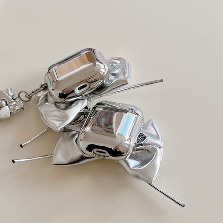 リボン Airpods４ケース Airpods3/2 光沢感 airpodspro2/1カバー 金属ビーズストラップ おしゃれ [4833]