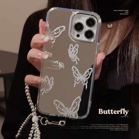 蝶 ミラー iPhone15/15proカバー リボンストラップ iPhone14promax/13pro/12カバー シルバー高級感 かわいい [M4094]
