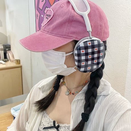 韓国風 AirPodsMaxケース チェック柄/ハート柄 かわいい エアーポッズ マックス専用カバー 女子力高い 質感いい[M4845]