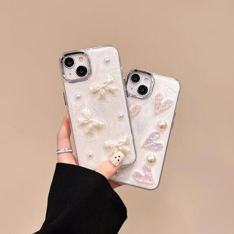 リボン/ハートデコ iPhone15pro/15ケース ホワイト iphone14/13pro/12proカバー  女子力アップ 高級感[M4353]