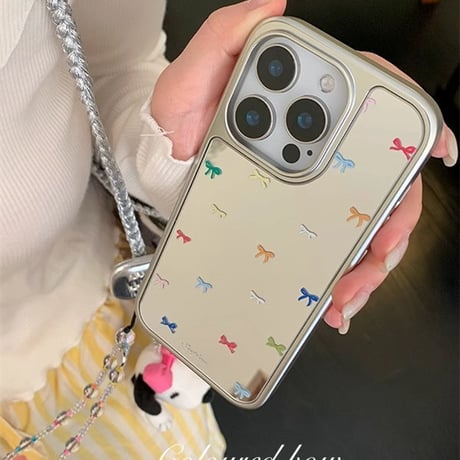 リボン ミラー iPhone16/16Proケース ストラップ付 iPhone15Pro/14/13 大人可愛い 丈夫[M4730]