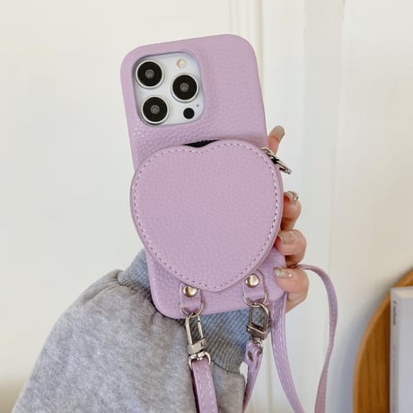ハート小銭入れ iPhone15/15proケース ショルダーストラップ付 アイフォン14pro/13mini/12/11カバー レザー 高品質 超便利[M3709]
