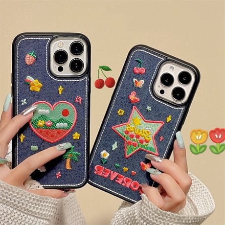 刺繡入りデニム iPhone14/15proケース  花柄ハート/星 iPhone13/12proカバー 女子力アップ[M3501]