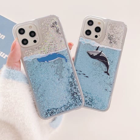 液体 サメ iPhone15/14proケース 流れるグリッター iPhone13mini/12/11proカバー キラキラ 可愛い おしゃれ 海 プレゼントにおすすめ[M3248]