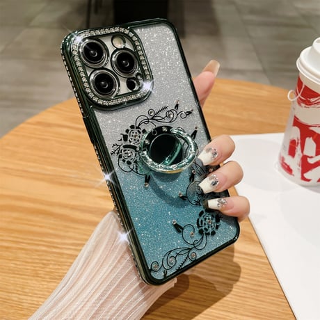 ジュエリー リング付 iPhone15/15proケース  薔薇柄  キラキラiphone13/12/14proカバー きれい 高機能 [M3846]