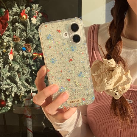 キラキラ花柄 iphone16/16proカバー  ラメ入り おしゃれ iphone15/14pro/13ケース 女子力アップ 可愛すぎる[M4955]