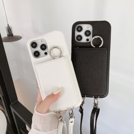 鏡 カード入れ4個 アイフォン15/14proケース 革製 iPhone13mini/12/11カバー リング/肩掛けストラップ 高品質シック 12色[M3260]