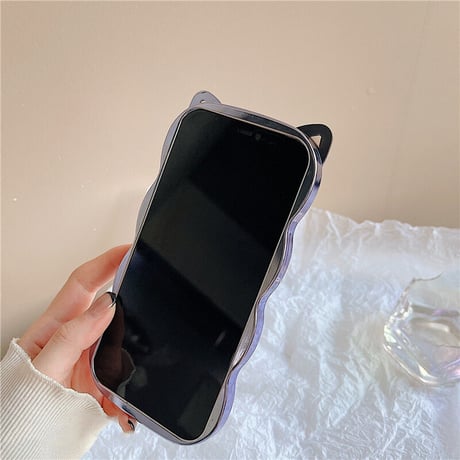 紫色 猫の耳 iphone17/17proケース ラメ入りシール付 キラキラアイフォン15/15pro/13proカバー オシャレ 光る 滑りにくい枠 [M2302]