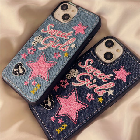 刺繡入り sweet girl iphone14/14promaxケース デニム お揃いアイフォン13/12/11カバー 星 可愛いプレゼントにおすすめ[M2251]