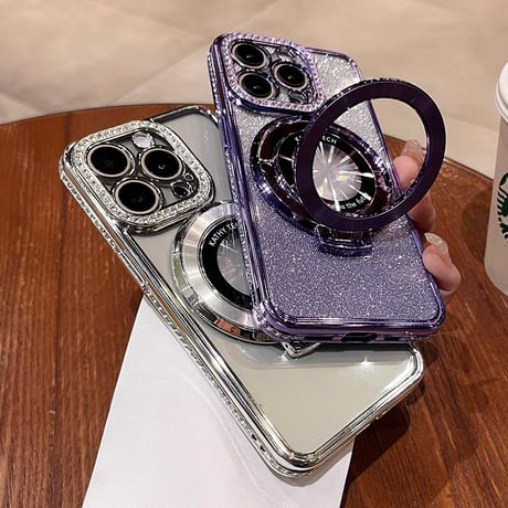 ストーン MagSafeスタンド iPhone15Pro/15ProMaxケース  キラキラ高級感  iPhone14/13Proカバー インナーシート付き[M3694]