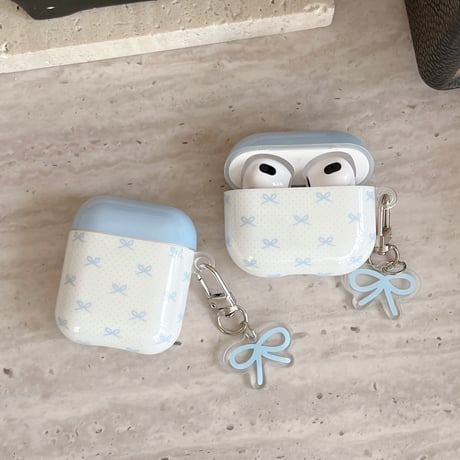 韓国っぽ Airpods 4/Pro3ケース リボン柄 Airpods 3カバー  AirpodsPro2/1  キーホルダー付 お洒落 光沢感 [M6067]