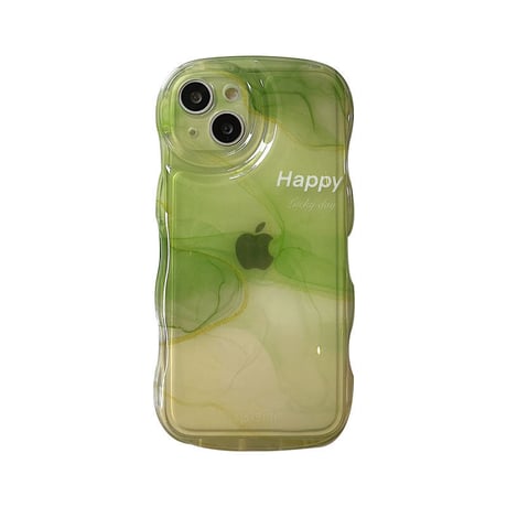 抹茶グリーン暈し染め iPhone13/14カバー Happy高級感 iphone12pro/11ケース  可愛い 透明感 頑丈 波紋枠 落下防止 [M2881]