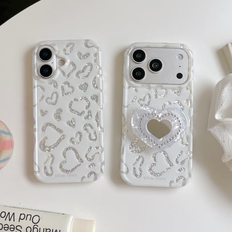 ハート型ミラーグリップ iPhone17pro/17ケース ホワイト ハート柄 iPhone16/15promaxケース かわいい 多機能便利[M6526]