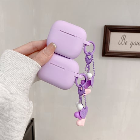 ラベンダー色 Airpods４ケース 充電口カバー付 Airpods3/pro2カバー ハートキーチェーン付 シリコン 丈夫[M5198]