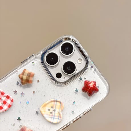 ハートボタン iPhone16/16Proケース ラメ入り 透明 iPhone15/14/13/12Proカバー トレンド 女子力高い [M5024]