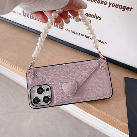 ICカード入れ iPhone15/14proケース 真珠ストラップ付 iPhone13pro/12/11proケース レザー製  エレガント セレブ愛用[M3361]