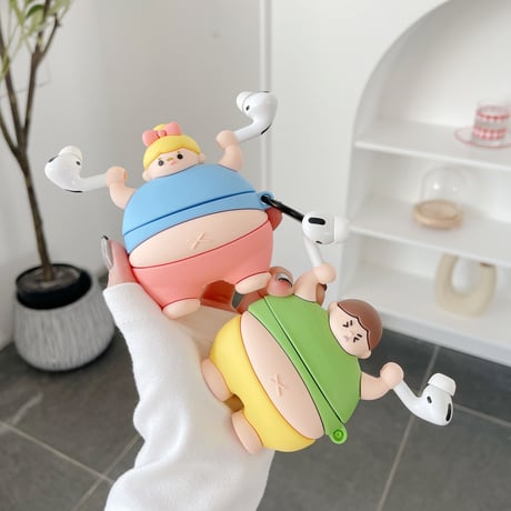 でぶちゃん airpodsケース ウエイトリフティング airpodsproカバー  面白い キーリング付  頑丈ソフトケースM503