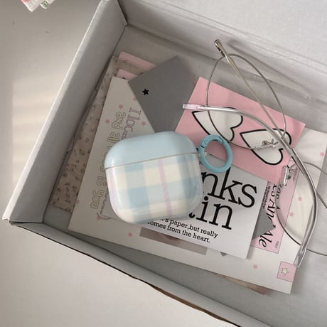 淡色系 Airpods4ケース チェック柄 韓国風 Airpods3/Pro2ケース airpodspro2カバー  キーチェーン付 ギフトにおすすめ[M5374]