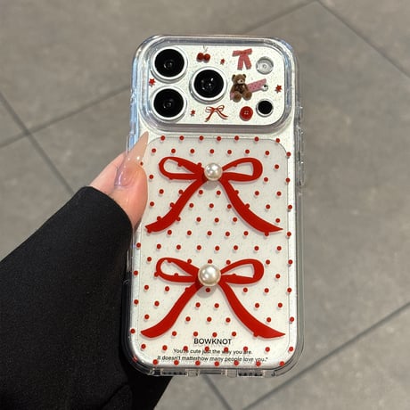 パールリボン iPhone17Pro/17ケース 熊ちゃんカメラカバー iPhone17ProMax/16Pro/15カバー 水玉模様 可愛すぎ [M6046]