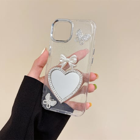 ジュエリーハート鏡 iPhone15/15pro/15plusケース リボン/蝶 iPhone14/13pro/12ケース 女子力アップ 黄ばまない[M4507]