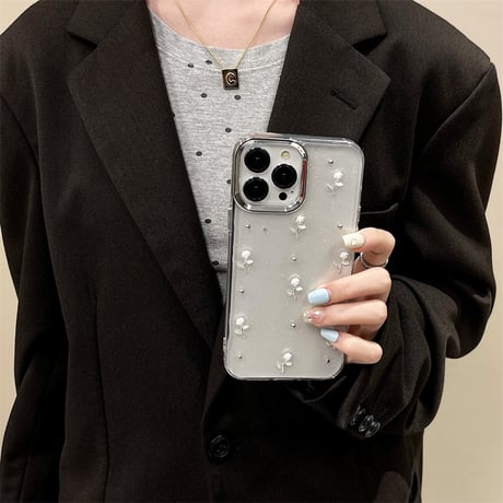 薔薇付 iPhone15/15プロ/15プラスケース クリア iPhone14promax/13pro/12ケース ラメ入り 女子力アップ[M4500]