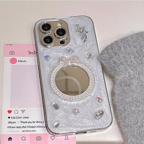 パールミラー iPhone16/16Proケース ダイヤ/リボンデコ iPhone15/14/13/12Proカバー 女子力高い ギフトにおすすめ [M4966]