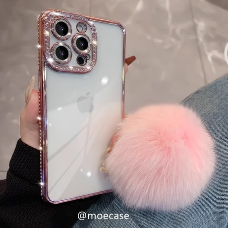 毛玉付 ジュエリーiPhone15/15proケース 女子に大人気 キラキラ アイフォン14/13/12カバー 高級感 カメラ保護[M3798]
