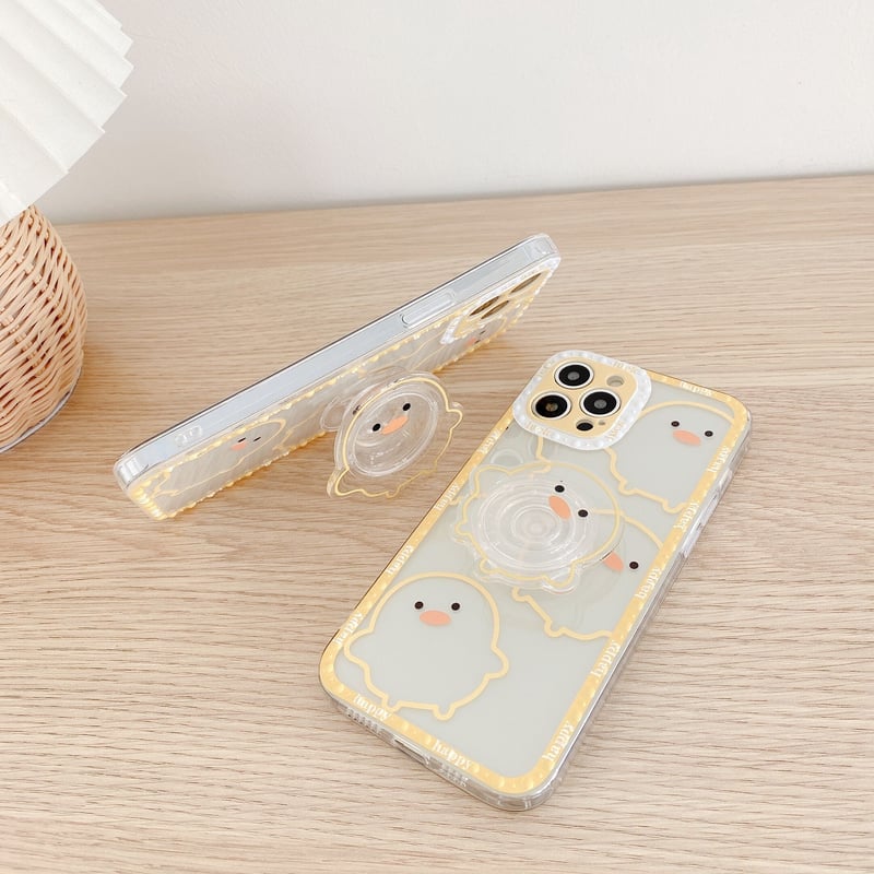 ひよこグリップ付 iphone12mini/12proケース HAPPYひな鳥柄 iphon ひよこグリップ付 iphone12mini/12proケース HAPPYひな鳥柄 iphon