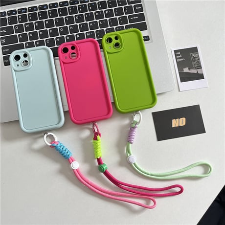 ストラップ付 無地iPhone15/14ケース シンプル風 アイフォン13/12/11proカバー 落下防止 紐取り外し可[M3414]