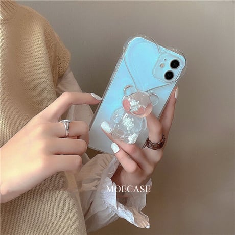 熊グリップ ハート型 iphone13/12promaxケース 透明iphone11/xsmaxカバー  スタンド・リング一体型  オシャレ キラキラ プレゼントにおすすめM1317
