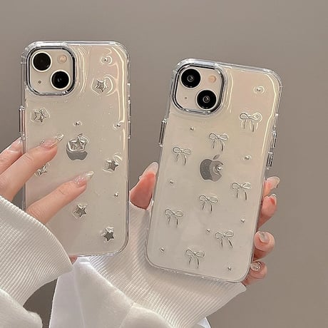 キラキラ リボンiPhone15pro/15promaxケース 星 ラメ入り クリアiphone14/13/12proカバー 高級感 黄ばまない[M4055]