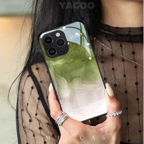 大理石調ガラスiPhone14/13proケース グリーン/ブラウン iPhone12/11proカバー  トレンド 涼しい感じ 夏に人気 男女兼用[M3176]