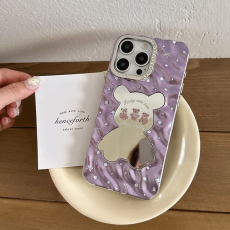 熊ちゃんミラー iPhone16/16proケース 可愛いバックチャーム付 iPhone15pro/14pro/13カバー 艶感 可愛い [M5419]