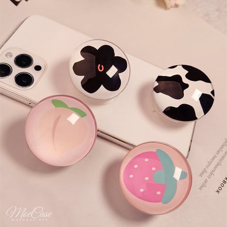 クリスタル スマホグリップスタンド イチゴ/ピーチ/黒花/牛柄 かわいい 粘着タイプ キラキラ 全機種対応 オシャレ トレンド[M3107]