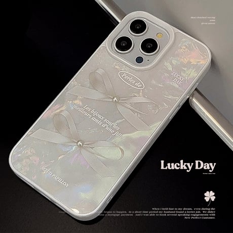 シェル風 iPhone15/15proケース リボン柄 立体パール iPhone14/13pro/12ケース かわいい きれい 女子力UP[M4003]