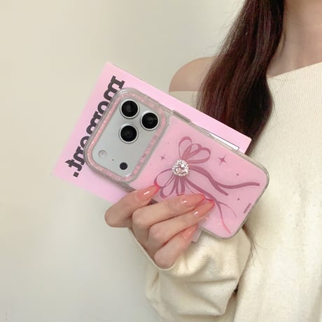 ピンクハートダイヤ iPhone17Pro/17ケース リボン柄 iPhone17Promax/16Pro/15ケース キラキラ かわいい[M6141]