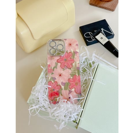 光る花柄 iPhone15/15proケース パールストラップ付 iPhone14pro/13promax/12ケース 可愛い 春夏コーデ[M4111]