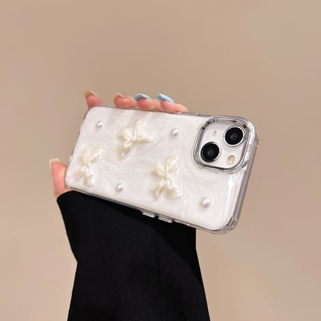 リボン/ハートデコ iPhone15pro/15ケース ホワイト iphone14/13pro/12proカバー  女子力アップ 高級感[M4353]